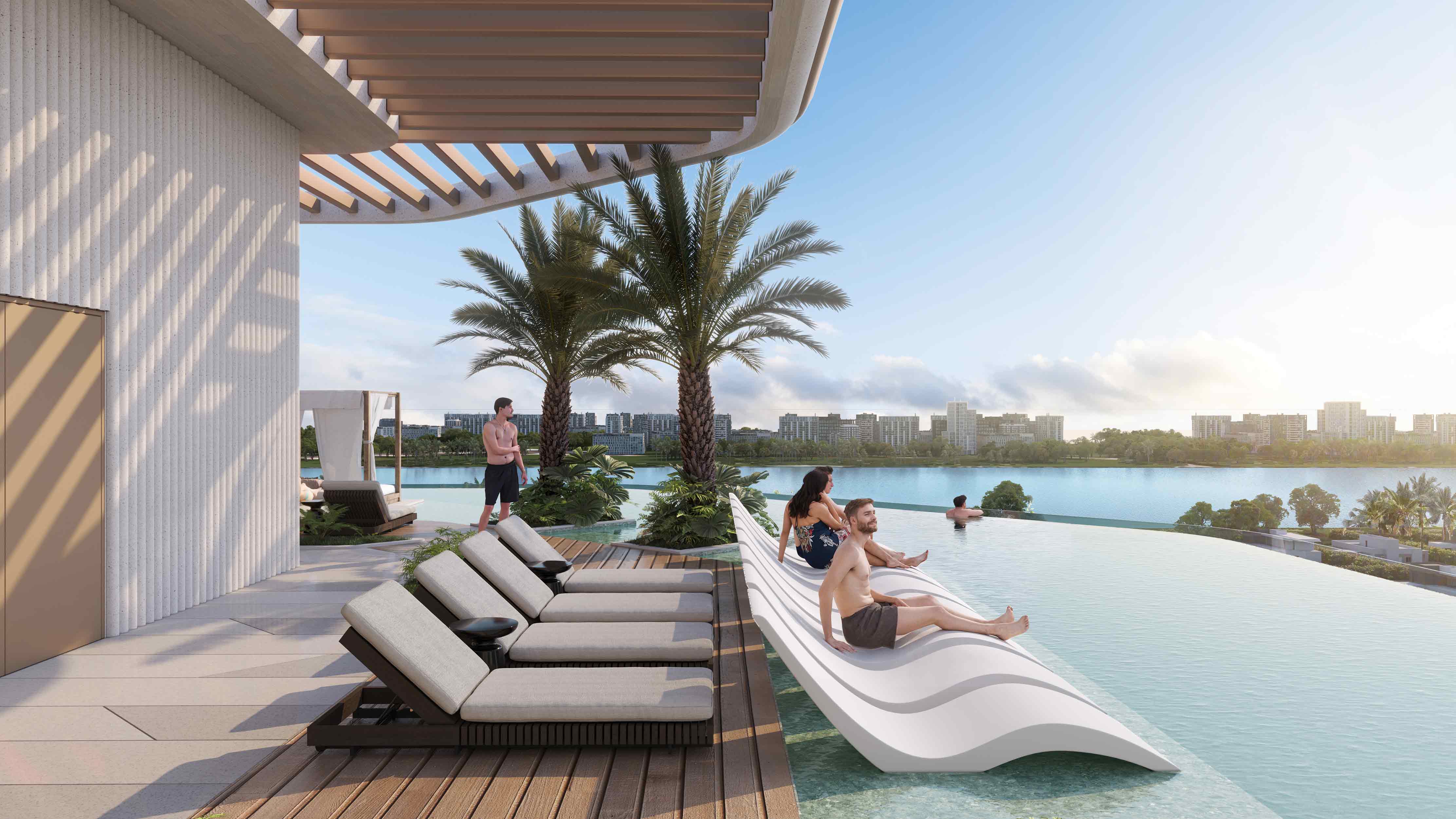 Sunset Bay Grand By Imtiaz A modern pool area featuring loungers, palm trees, and people relaxing by the water under a clear sky.